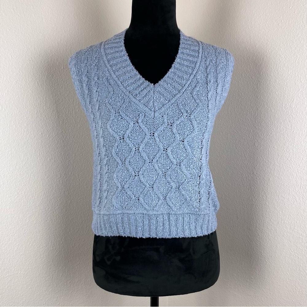 Pink Rose Sweater Vest Women Small Zen Blue Preppy Knit Capsule Wardrobe Classic